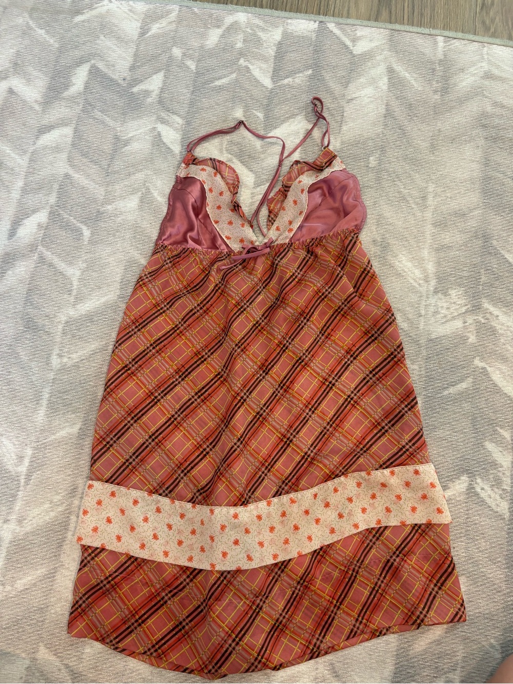 Y2K Victoria secret Silky Pink Plaid Slip Dress with Floral Trim lingerie